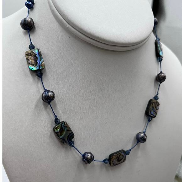 Peacock Keshi Abalone Mother of Pearl Blue Pearl Sterling Toggle Necklace - Picture 4 of 9